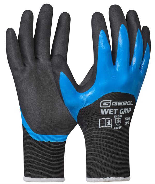 Handschuh WET GRIP, schwarz/blau, doppel beschichtet, nahtlos, EN388, Gr. 9, VPE12/144, Z709592