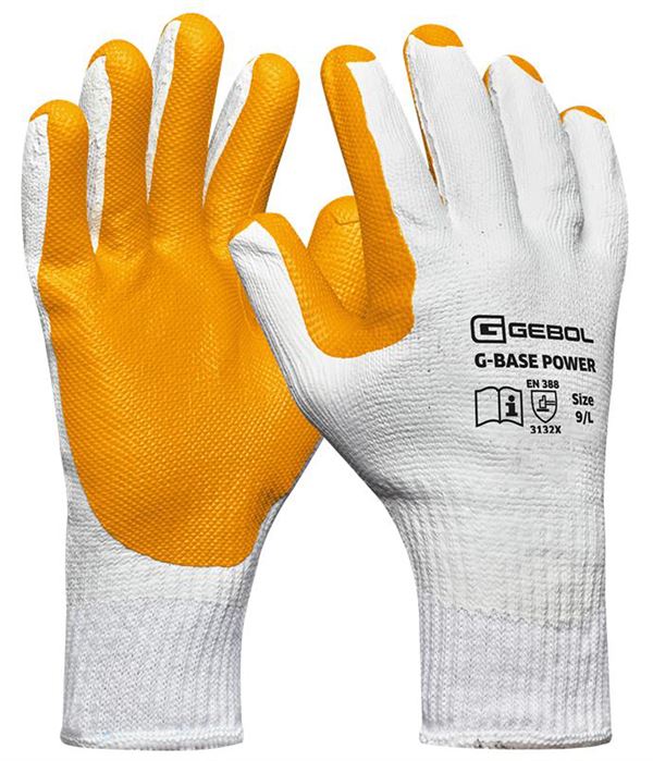 Handschuh G-BASE POWER, weiß/orange, Latex/Gummi, nahtlos, EN388, Gr. 9, VPE12/120, ZEP76001209