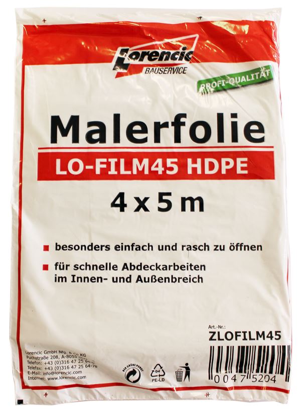 Pleskarska folija LO-FILM45 HDPE 4x5m 20kos/kart 90kart/pal., ZLOFILM45